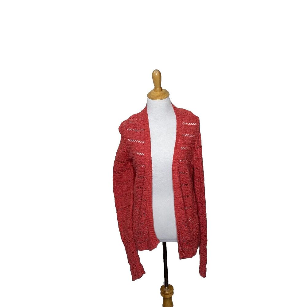 Lucky Brand Pink Coral Knit Open Front Long Sleeve Cardigan Sweater Sz Medium